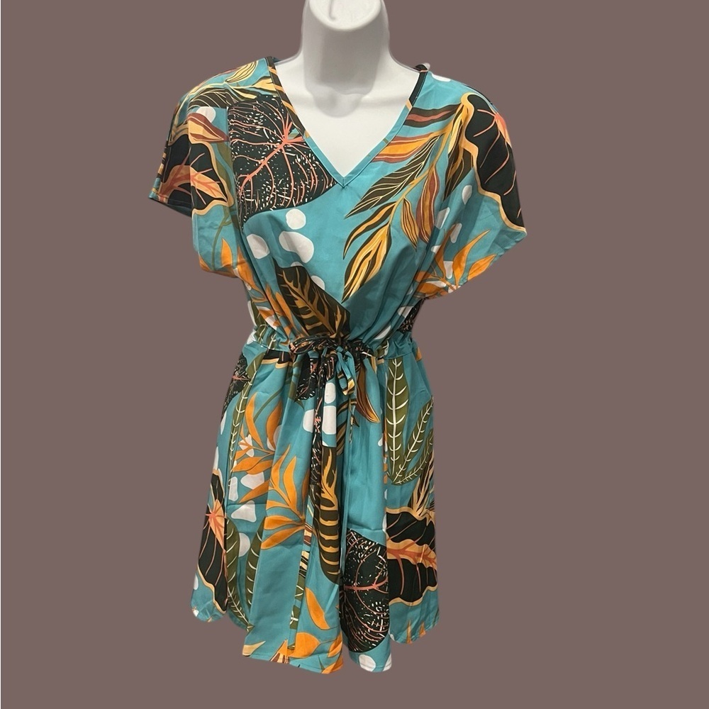 Blue Time Women’s Floral Print Drawstring Dress / Swim Cover-Up – Size S (NWT) - Picture 2 of 5
